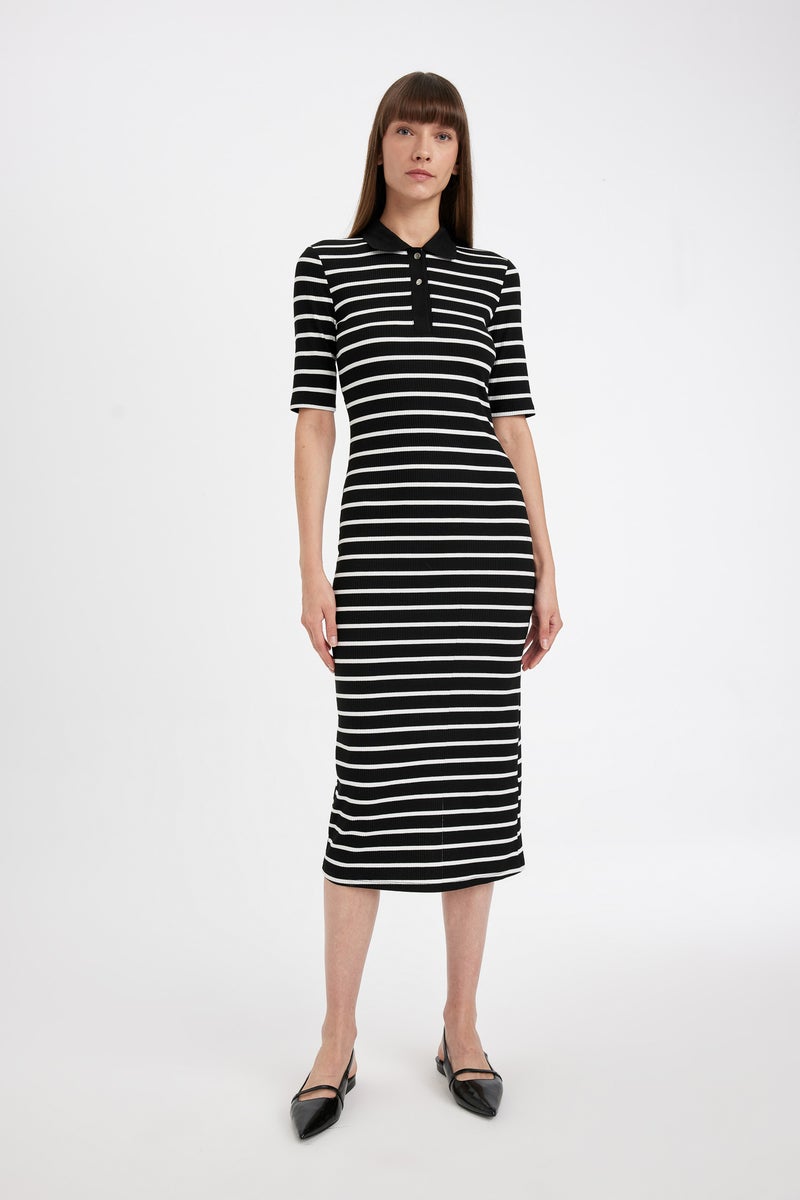 DeFacto Woman Bodycon Polo Collar Striped Camisole Midi Dress - Image 1