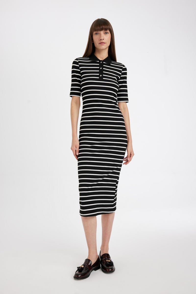 DeFacto Woman Bodycon Polo Collar Striped Camisole Midi Dress - Image 4