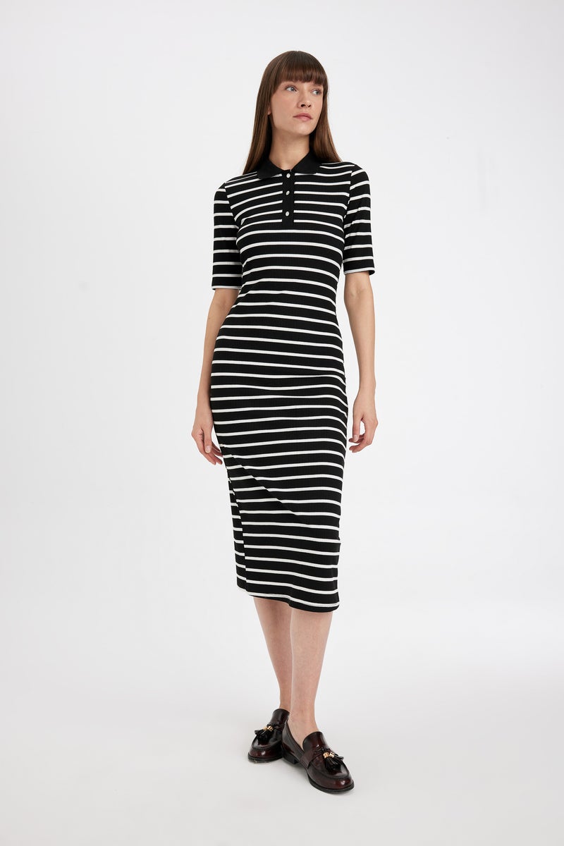 DeFacto Woman Bodycon Polo Collar Striped Camisole Midi Dress - Image 3
