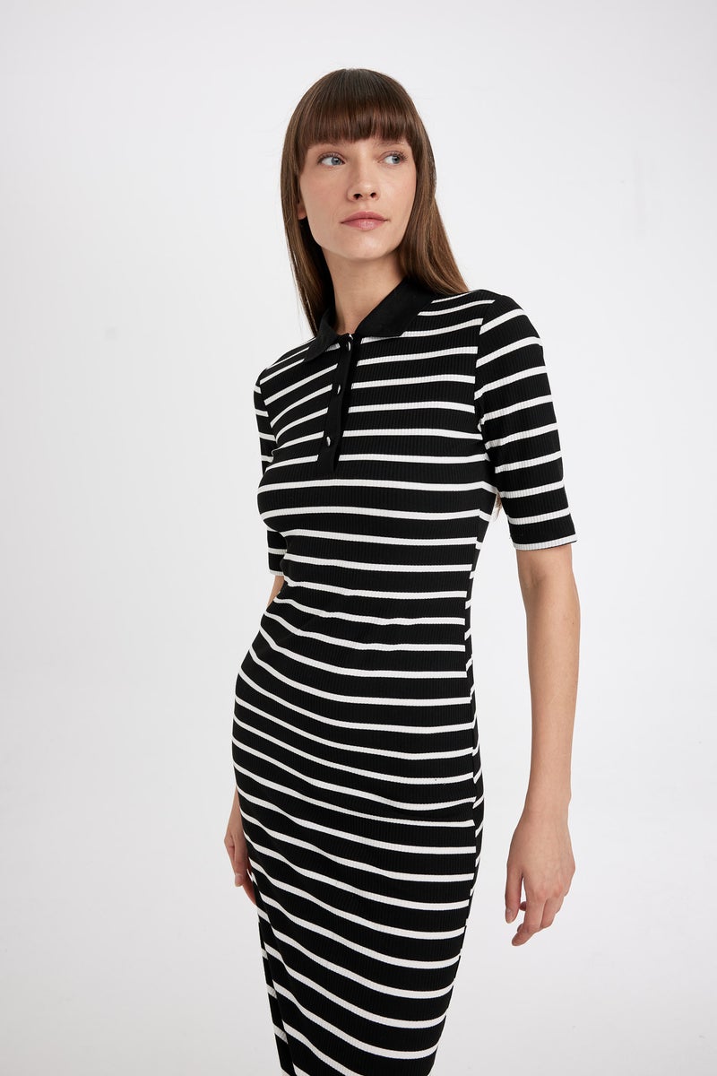 DeFacto Woman Bodycon Polo Collar Striped Camisole Midi Dress - Image 5