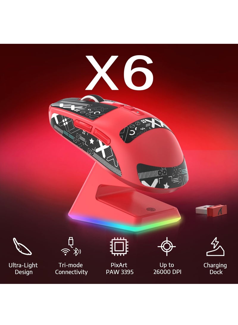 X6 Lightweight Wireless Gaming Mouse with RGB Backlight Charging Base,Tri-Mode Wired/2.4GHz/BT5.2,26K DPI, PAW3395 Optical Sensor,HUANO Switch,5programmable Buttons
