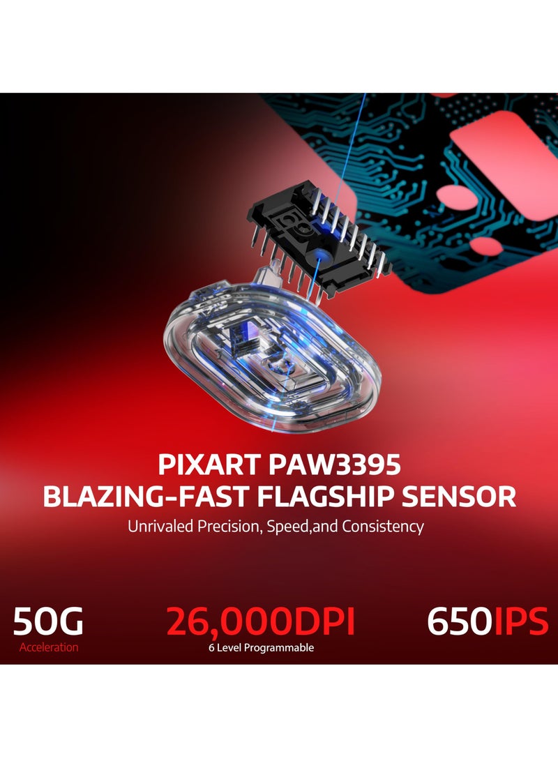 X6 Lightweight Wireless Gaming Mouse with RGB Backlight Charging Base,Tri-Mode Wired/2.4GHz/BT5.2,26K DPI, PAW3395 Optical Sensor,HUANO Switch,5programmable Buttons