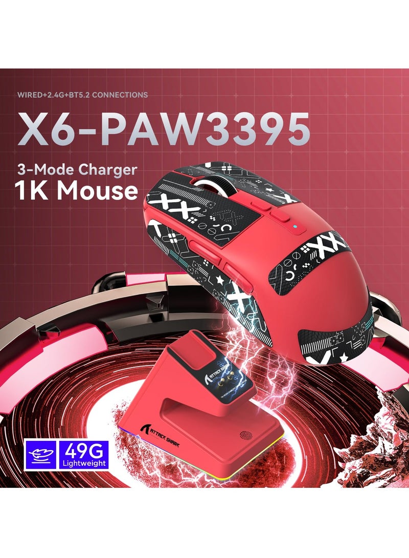 Attack Shark X6 Lightweight Wireless Gaming Mouse with RGB Backlight Charging Base,Tri-Mode Wired/2.4GHz/BT5.2,26K DPI, PAW3395 Optical Sensor,HUANO Switch,5programmable Buttons - Image 2