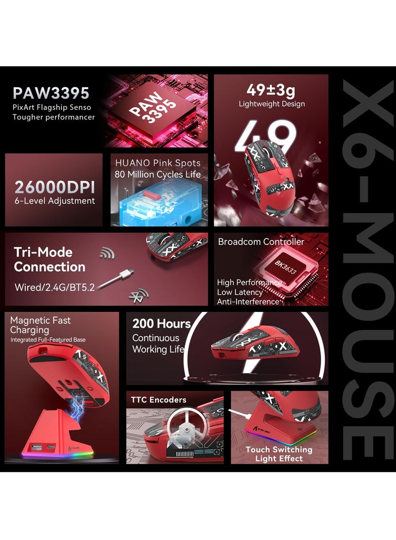Attack Shark X6 Lightweight Wireless Gaming Mouse with RGB Backlight Charging Base,Tri-Mode Wired/2.4GHz/BT5.2,26K DPI, PAW3395 Optical Sensor,HUANO Switch,5programmable Buttons - Image 3