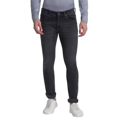 Raymond Men's Slim Ft Cotton Blend Solid Pattern Flat Front Grey Jeans - Image 1
