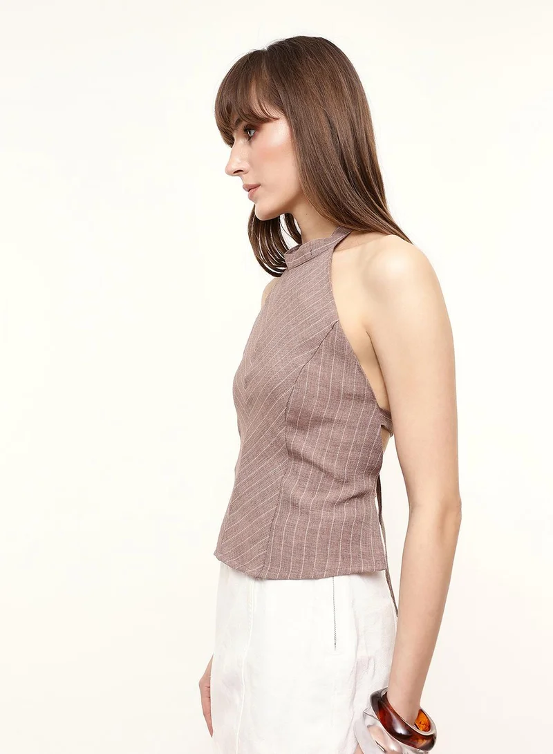 Dennis Lingo  Light Brown Poly Striped Cropped Slim Fit Tops For Women for Women | Best Price UAE