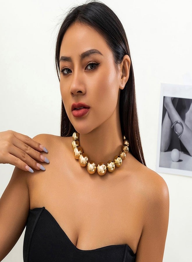 Jumwrit Dainty Big Ball Beaded Choker Necklace Boho Chunky Bib Chain Necklace Hip Hop Punk Statement Heavy Necklace Accessories for Women (Gold) - Image 2