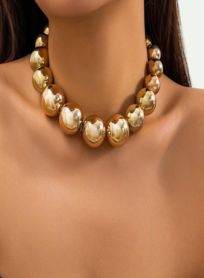 Jumwrit Dainty Big Ball Beaded Choker Necklace Boho Chunky Bib Chain Necklace Hip Hop Punk Statement Heavy Necklace Accessories for Women (Gold) - Image 3