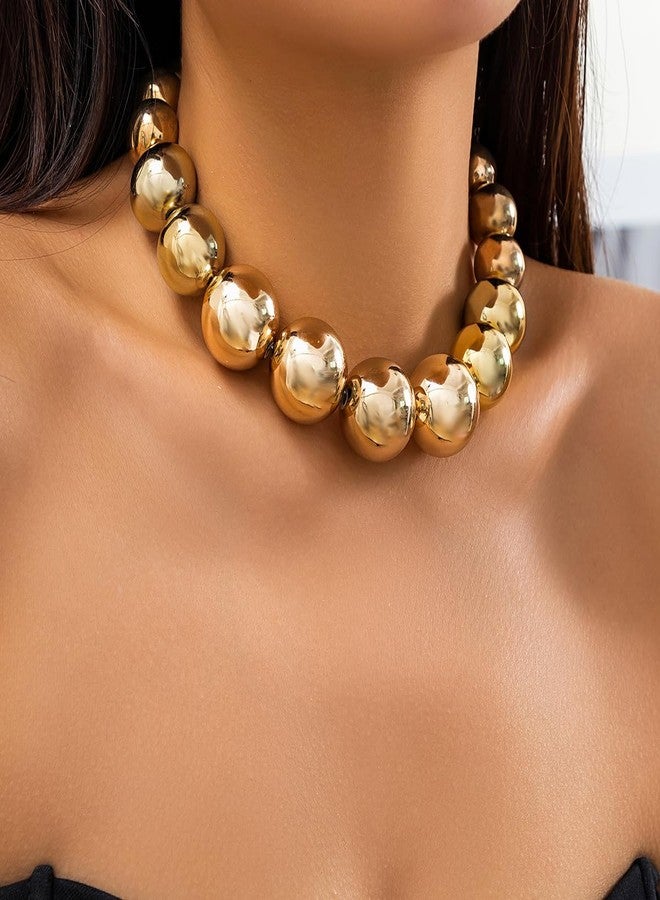 Jumwrit Dainty Big Ball Beaded Choker Necklace Boho Chunky Bib Chain Necklace Hip Hop Punk Statement Heavy Necklace Accessories for Women (Gold) - Image 4