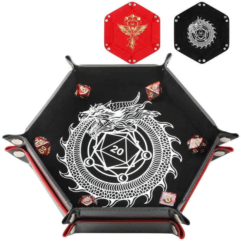 Grajar 2 Pcs Portable Folding Dice Rolling Tray Set for RPG DND Table Games PU Leather and Velvet Holder Storage Box Dragon and Phoenix - Image 2