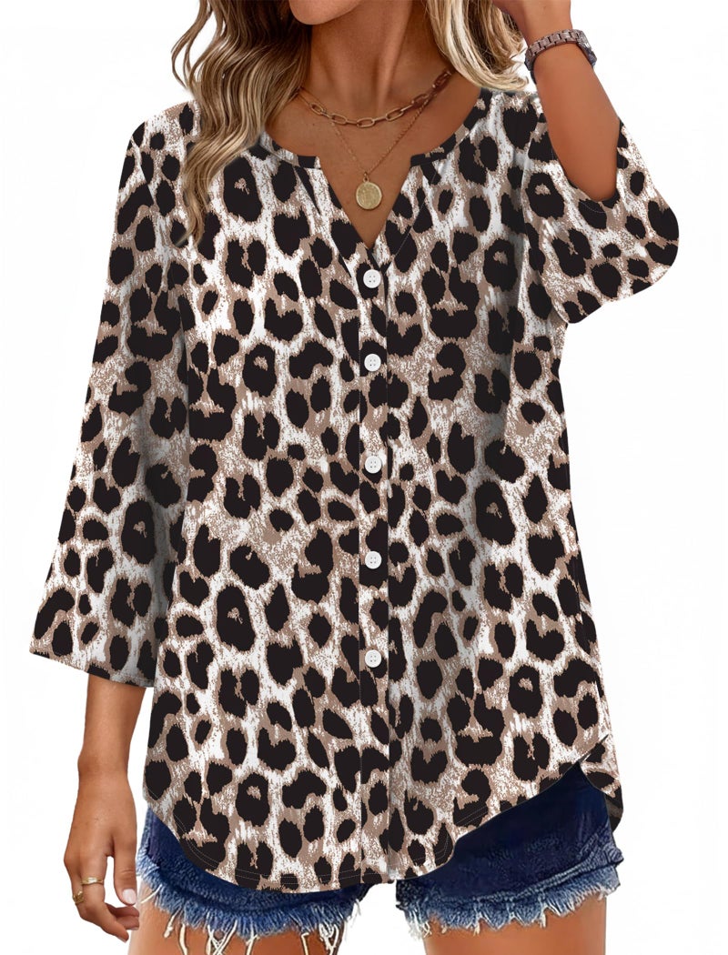 OFEEFAN Plus Size Clothes for Women Blouses 3/4 Length Sleeve Womens Tops Trendy Button Down Shirts Leopard Print Tops Animal Print 2XL - Image 1