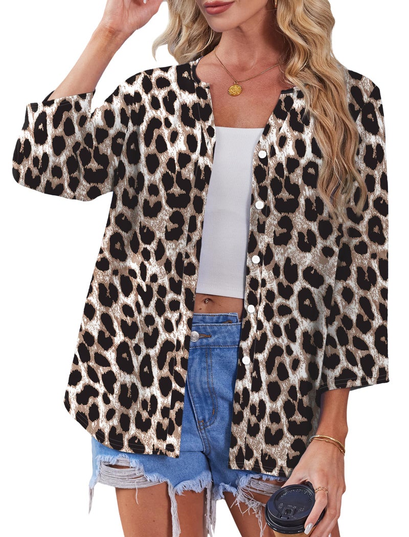 OFEEFAN Plus Size Clothes for Women Blouses 3/4 Length Sleeve Womens Tops Trendy Button Down Shirts Leopard Print Tops Animal Print 2XL - Image 4