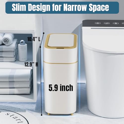 LALASTAR 2-Pack Automatic Bathroom Trash Can with Lid, Slim Motion Sensor Garbage Can, Waterproof Touchless Trash Bin, Smart Trashcan for Bedroom, Living Room, Narrow Space, 2.3 Gallon, White+Gold Trim - Image 2