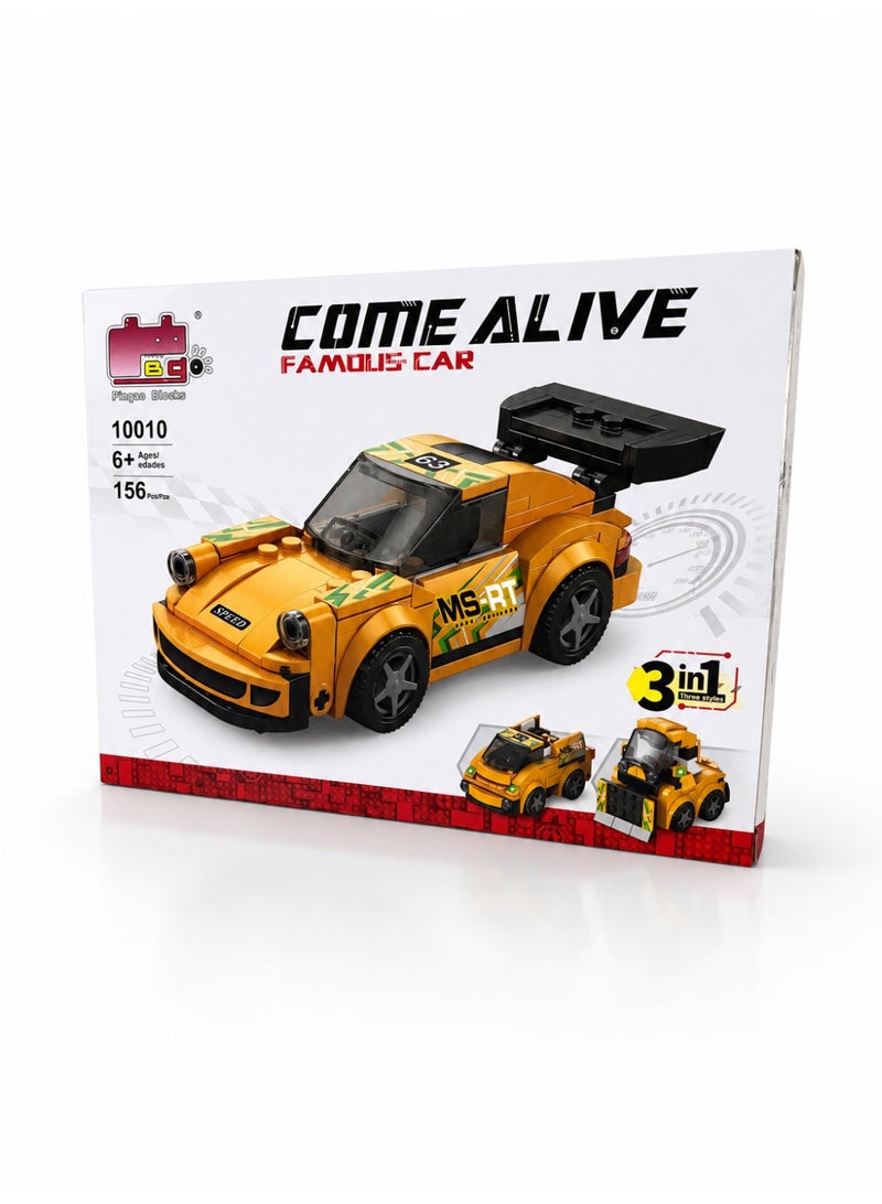 Pingao Blocks Come Alive Famous Car 3-in-1 Building Blocks Toy Set Yellow 156 Pieces for Kids 6+ - Image 2