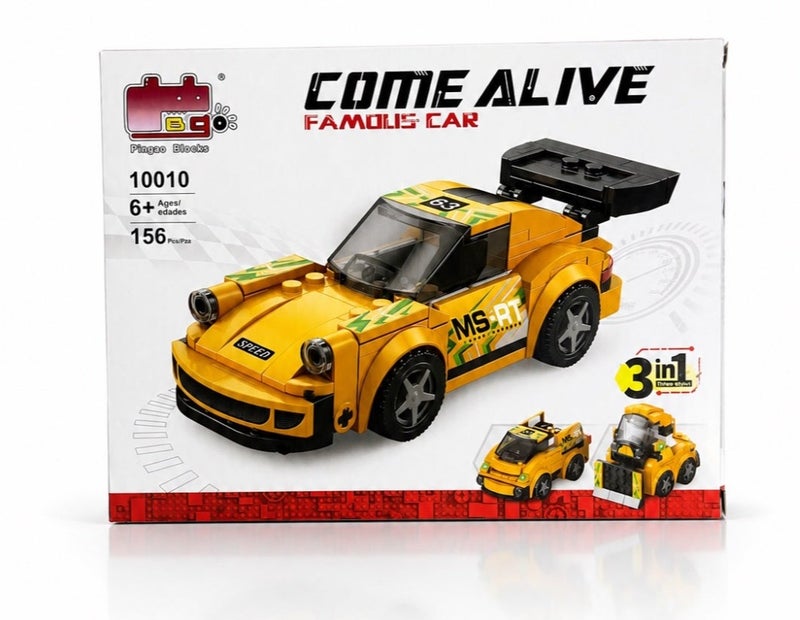 Pingao Blocks Come Alive Famous Car 3-in-1 Building Blocks Toy Set Yellow 156 Pieces for Kids 6+ - Image 1