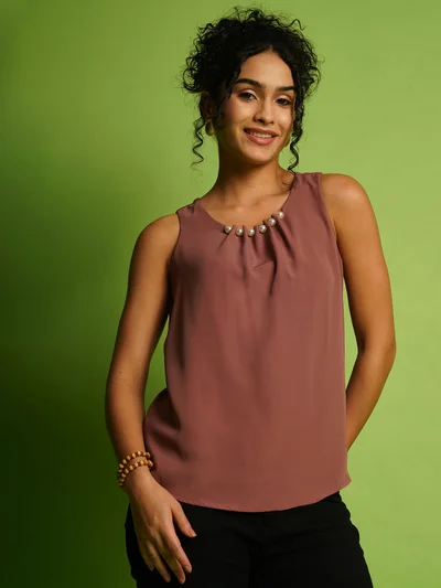 جلو باص Women Studded Solid Round Neck Sleeveless Top