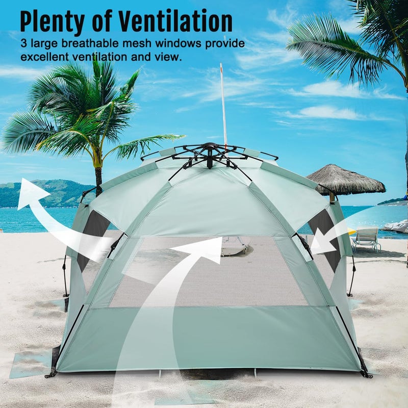 WhiteFang XL Pop Up Beach Tent Sun Shade Shelter for 3-4 Person with Blackout Shelter, UV Protection, Extendable Floor with 3 Ventilating Windows Plus Carrying Bag, Stakes, and Guy Lines (Mint Green) - Image 3