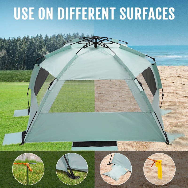WhiteFang XL Pop Up Beach Tent Sun Shade Shelter for 3-4 Person with Blackout Shelter, UV Protection, Extendable Floor with 3 Ventilating Windows Plus Carrying Bag, Stakes, and Guy Lines (Mint Green) - Image 5