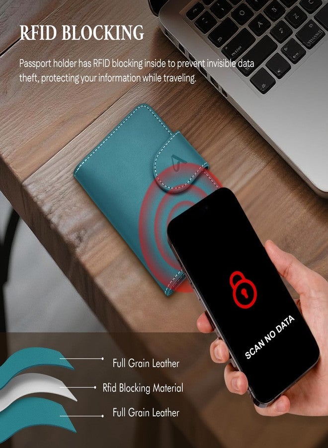 ALLIVE Passport Holder for Travel, Rfid Passport Holder for Women & Men, Genuine Leather Passport Cover Travel Wallet with AirTag Hidden, Airport Essentials, Travel Must Haves Gifts, Lake Blue - Image 3