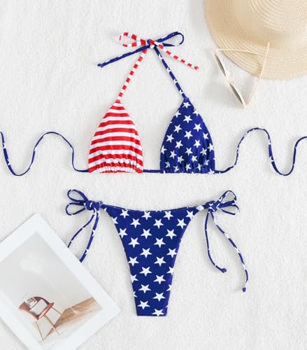 Tainehs Women's Sexy Halter Thong Bikini Tie Two Sides Bottom Triangle Bikini Swimsuits American Flag - Image 5