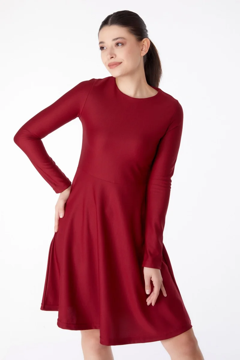 Tofisa Plain Crew Neck Women's Burgundy Mini Evening Dress - 13191