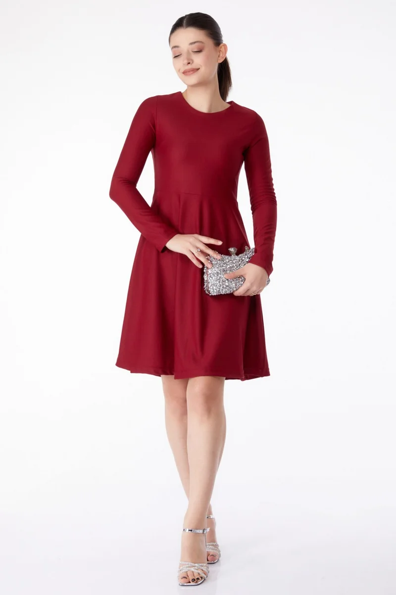 Tofisa Plain Crew Neck Women's Burgundy Mini Evening Dress - 13191