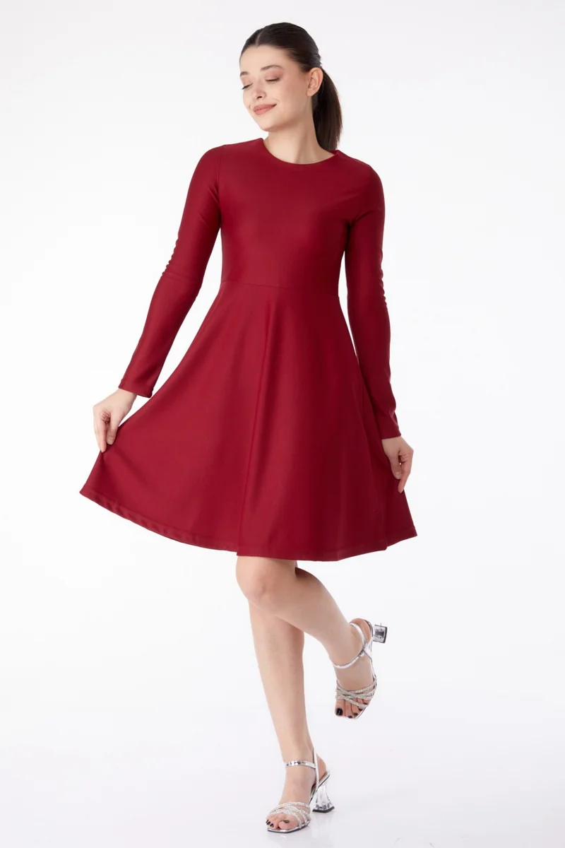 Tofisa Plain Crew Neck Women's Burgundy Mini Evening Dress - 13191