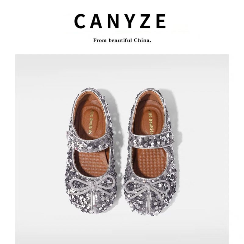 Canyze Girls Princess Shoes 2025 Spring New Children Sparkling Sequins Soft Sole Shoes Bow Leather Shoes - Image 1