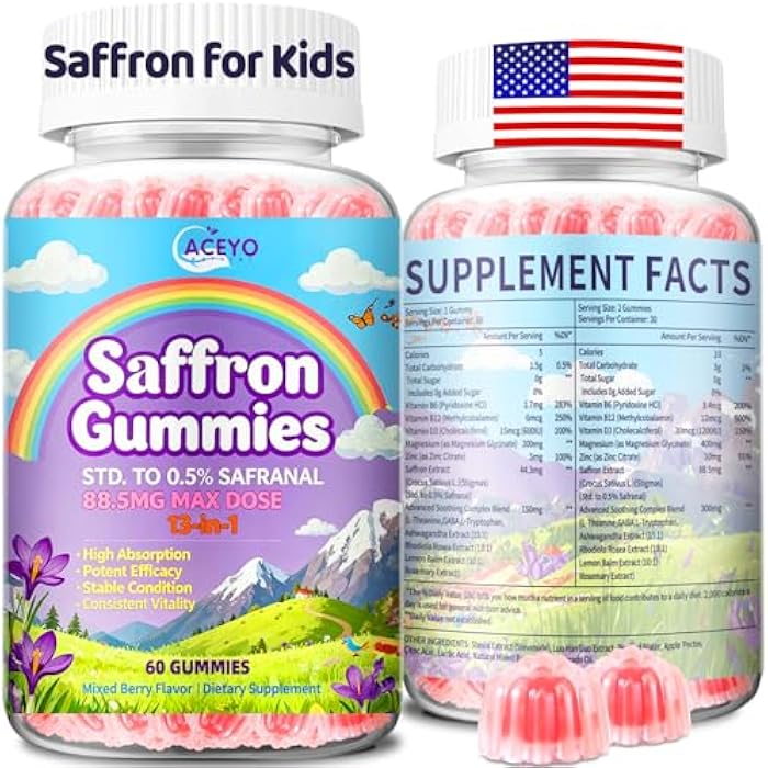 ACEYO Saffron Gummies for Adults & Kids,88.5mg Saffron Extract with Magnesium Glycinate,L-Theanine,GABA,Ashwagandha,Rhodiola Rosea,Vitamins B6/B12 & D3,Supports Stable State & Vitality,Sugar-Free,60 Gummies - Image 1