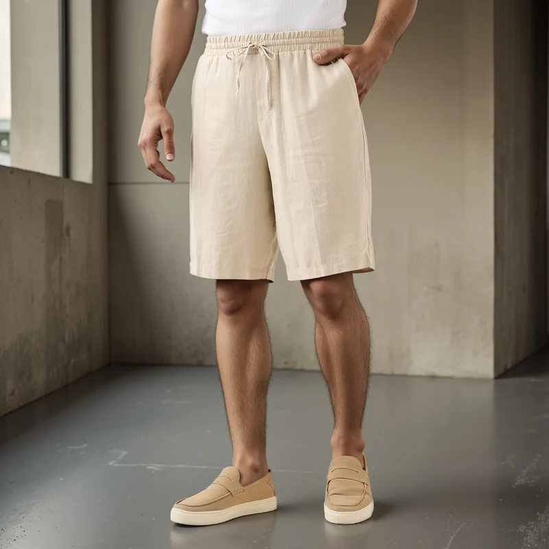 Regular Fit Linen Blend Shorts with Drawstring Closure
