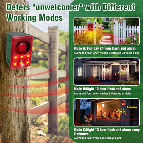 ChunHee Solar Outdoor Motion Sensor Alarm with Dog Barking Gunshot Sound, Support Recording and Adjustable Volume, 130db Loud Noise Maker 3 Work Modes Strobe Light for Home, Villa, Farm, Barn (3pack) - Image 5