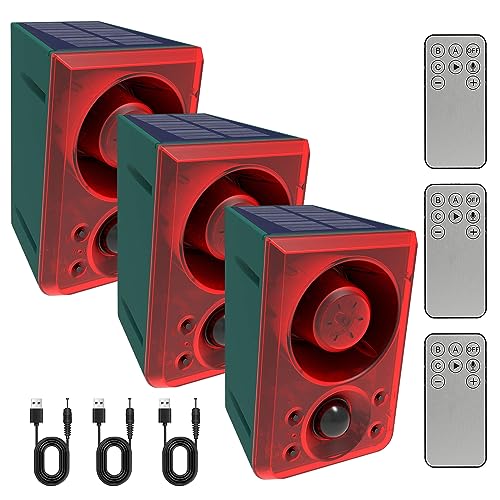 ChunHee Solar Outdoor Motion Sensor Alarm with Dog Barking Gunshot Sound, Support Recording and Adjustable Volume, 130db Loud Noise Maker 3 Work Modes Strobe Light for Home, Villa, Farm, Barn (3pack) - Image 1