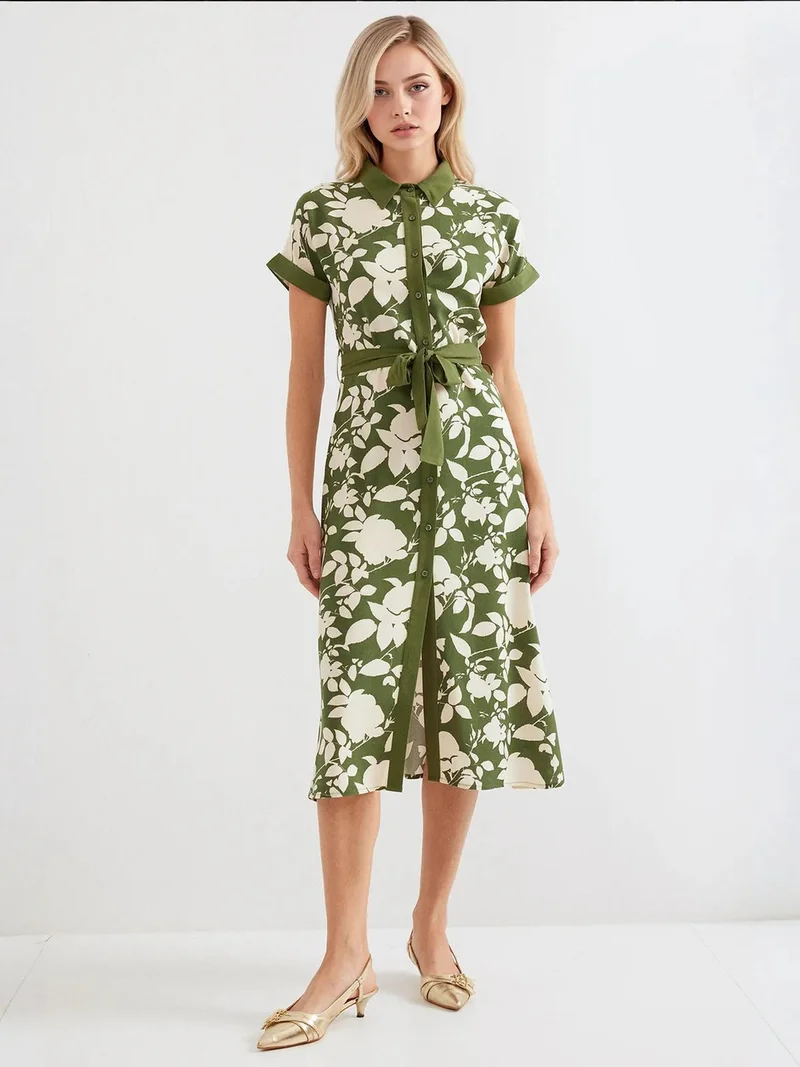 Big Dart Khaki Green BDART Flowering Midi Dress with Bow for Women | Best Price UAE