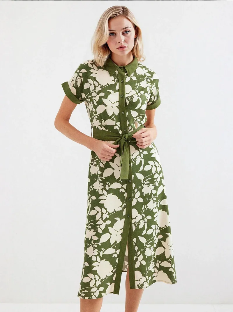 Big Dart Khaki Green BDART Flowering Midi Dress with Bow for Women | Best Price UAE
