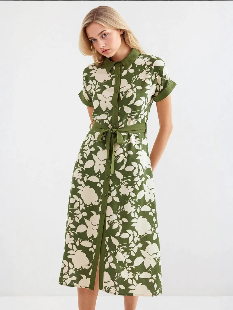 Big Dart Khaki Green BDART Flowering Midi Dress with Bow for Women | Best Price UAE