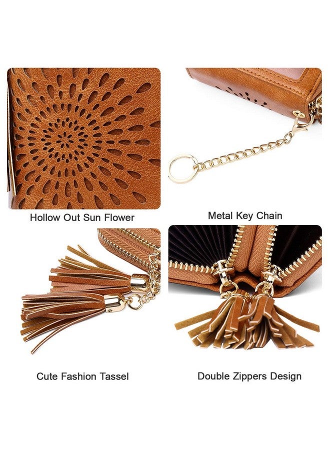 APHISON RFID Credit Card Holder Double Zipper Card Case Small Wallets for Women Leather Multifunctional Holders Sunflower style Ladies Girls/Gift Box 1942-2 BROWN - Image 4