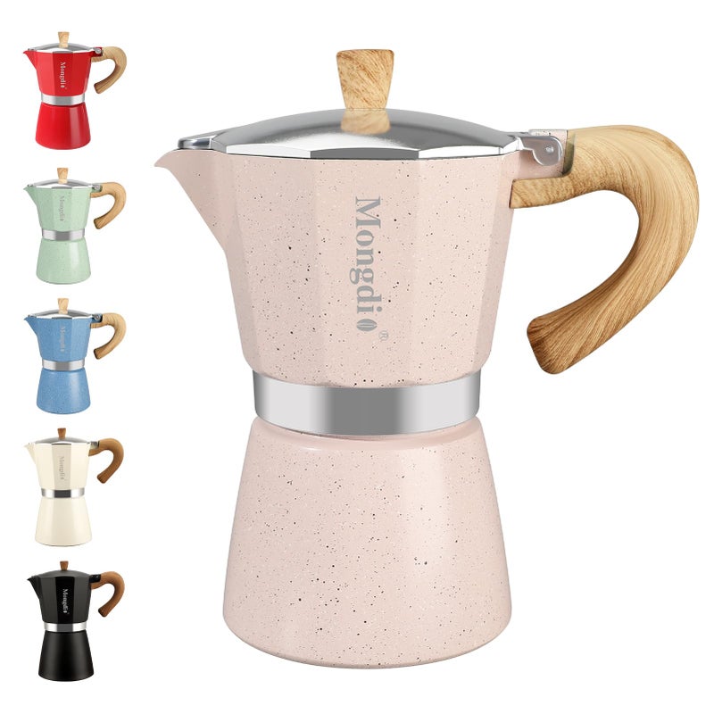 Mongdio Stovetop Espresso Maker Moka Pot, Cuban Coffee Maker Stove top coffee maker Moka Italian Espresso Greca Coffee Maker Brewer Percolator, 6 Espresso Cups, 10 oz - Pink - Image 1