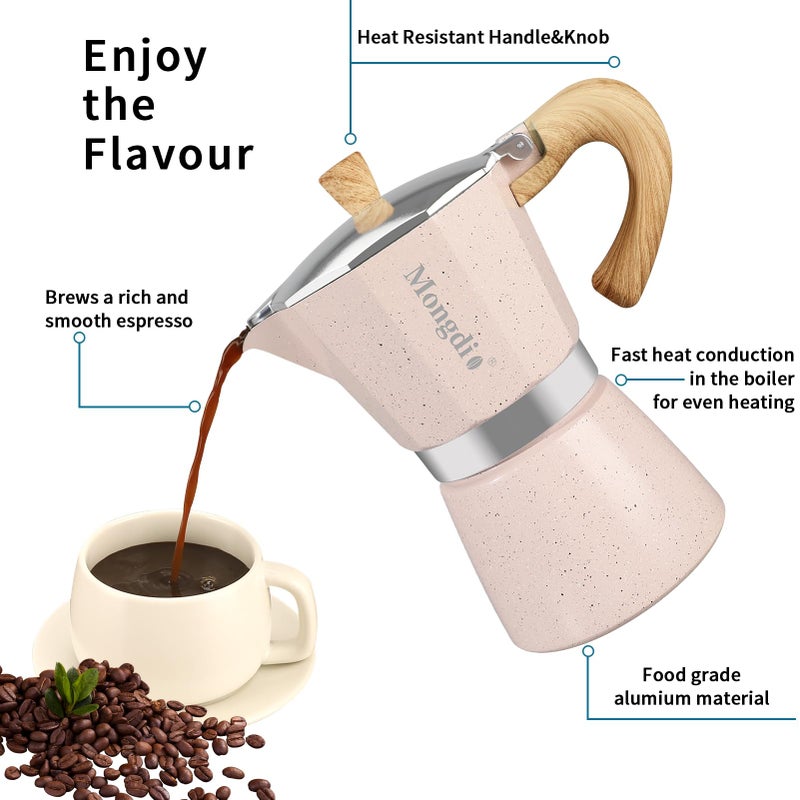Mongdio Stovetop Espresso Maker Moka Pot, Cuban Coffee Maker Stove top coffee maker Moka Italian Espresso Greca Coffee Maker Brewer Percolator, 6 Espresso Cups, 10 oz - Pink - Image 4