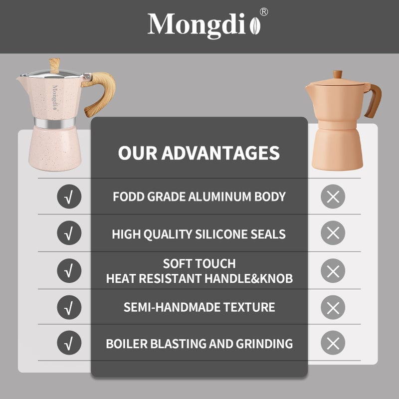 Mongdio Stovetop Espresso Maker Moka Pot, Cuban Coffee Maker Stove top coffee maker Moka Italian Espresso Greca Coffee Maker Brewer Percolator, 6 Espresso Cups, 10 oz - Pink - Image 3