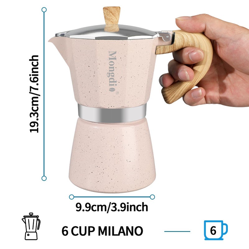 Mongdio Stovetop Espresso Maker Moka Pot, Cuban Coffee Maker Stove top coffee maker Moka Italian Espresso Greca Coffee Maker Brewer Percolator, 6 Espresso Cups, 10 oz - Pink - Image 5