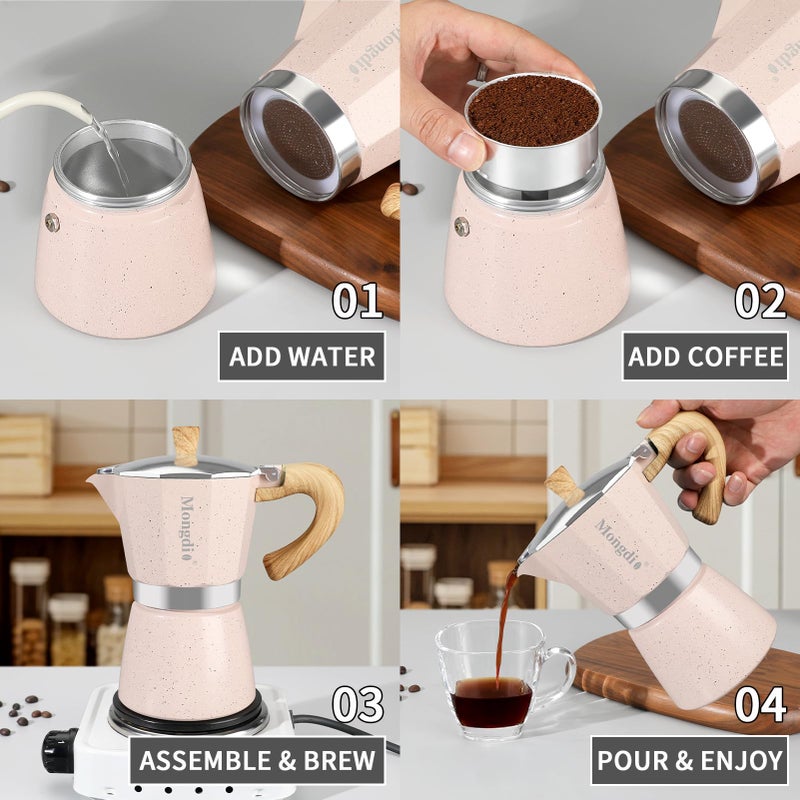 Mongdio Stovetop Espresso Maker Moka Pot, Cuban Coffee Maker Stove top coffee maker Moka Italian Espresso Greca Coffee Maker Brewer Percolator, 6 Espresso Cups, 10 oz - Pink - Image 2