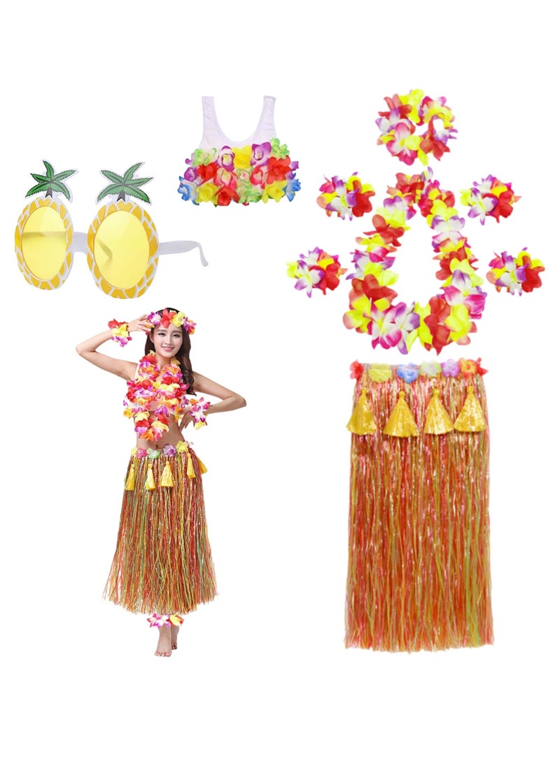 NOVOLAN 9-Piece Hula Tassel Costume Accessory Set, Hawaiian Style Grass Skirt Costume with Neck Ring, Headband, Top, Sunglasses for Tropical Parties, 80cm Length Tassels with 3D Flower Embellishments - Image 1