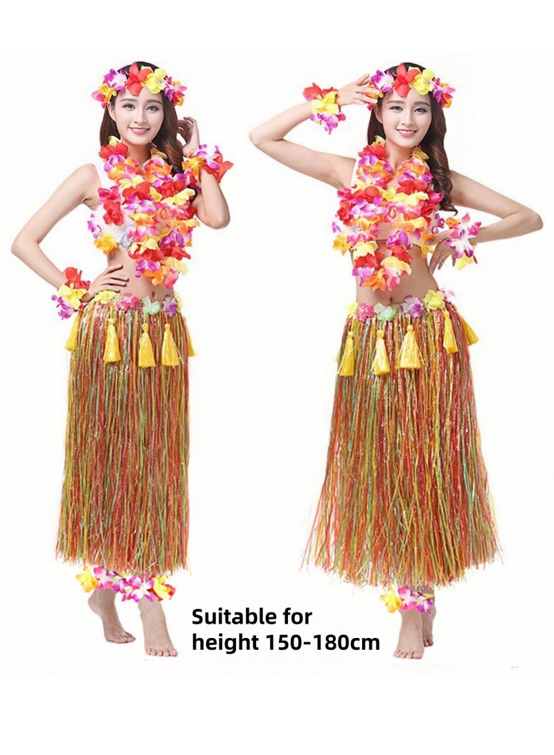 NOVOLAN 9-Piece Hula Tassel Costume Accessory Set, Hawaiian Style Grass Skirt Costume with Neck Ring, Headband, Top, Sunglasses for Tropical Parties, 80cm Length Tassels with 3D Flower Embellishments - Image 2