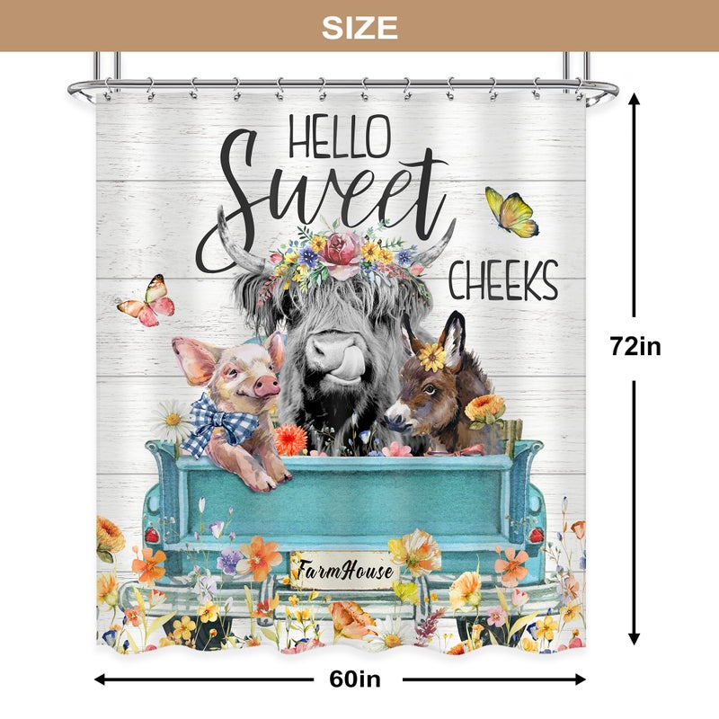 Newsely Highland Cow Farm Shower Curtains for the Bathroom  Cute Cow Chicken and Pig with Flowers on Truck Bathroom Set  Western Farmhouse Rustic Animals Funny Waterproof Bath Accessories 60Wx72H Inch - Image 3