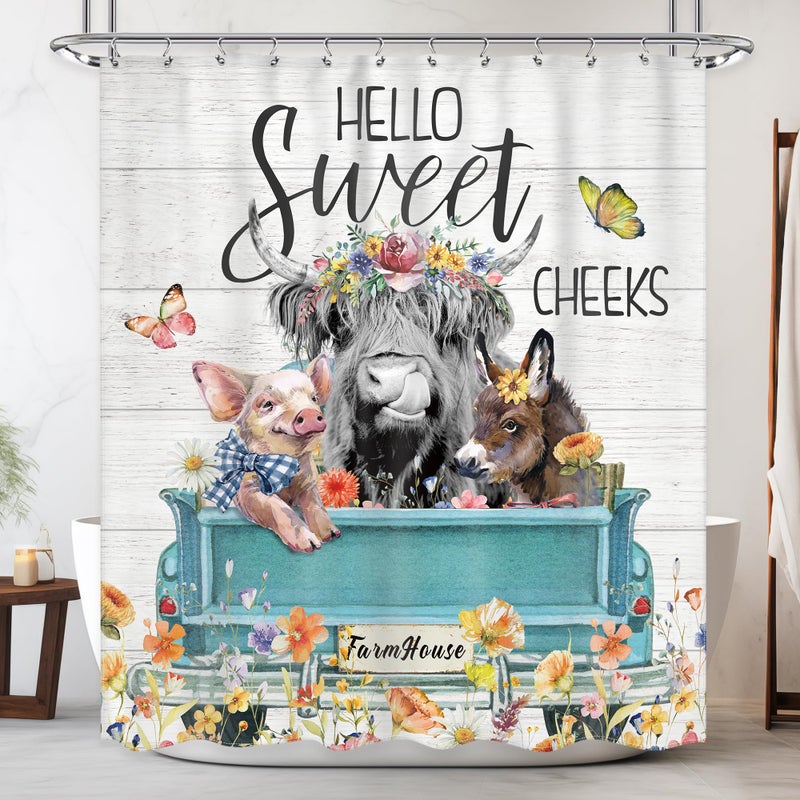 Newsely Highland Cow Farm Shower Curtains for the Bathroom  Cute Cow Chicken and Pig with Flowers on Truck Bathroom Set  Western Farmhouse Rustic Animals Funny Waterproof Bath Accessories 60Wx72H Inch - Image 1