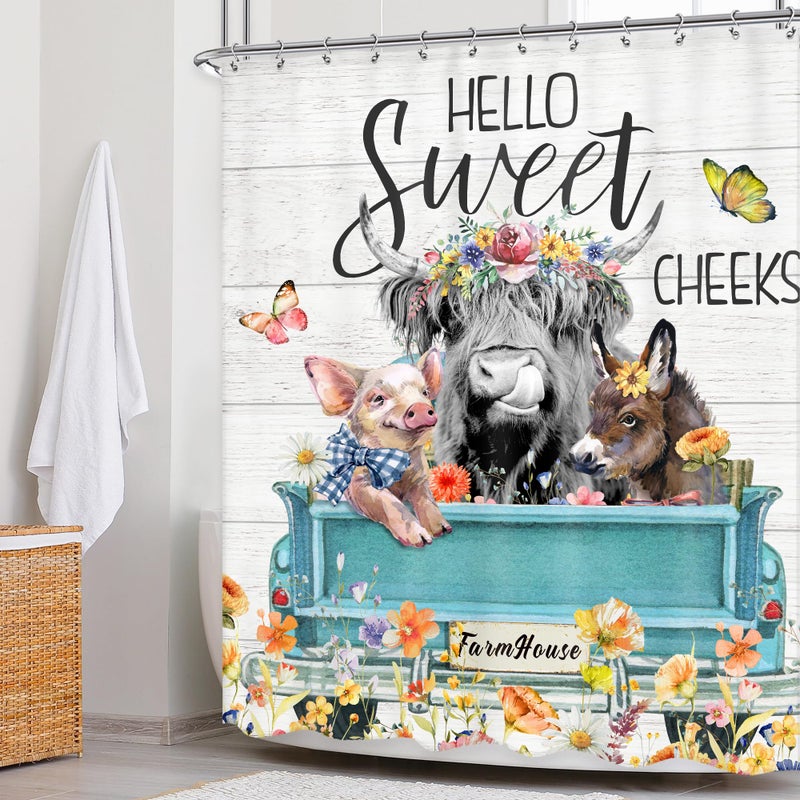 Newsely Highland Cow Farm Shower Curtains for the Bathroom  Cute Cow Chicken and Pig with Flowers on Truck Bathroom Set  Western Farmhouse Rustic Animals Funny Waterproof Bath Accessories 60Wx72H Inch - Image 2
