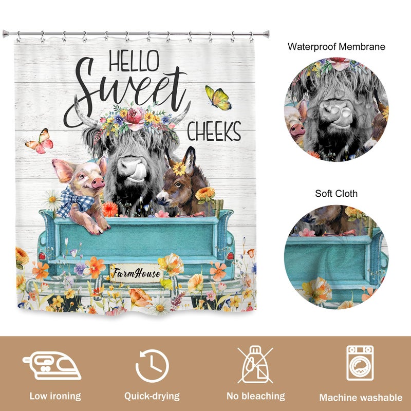 Newsely Highland Cow Farm Shower Curtains for the Bathroom  Cute Cow Chicken and Pig with Flowers on Truck Bathroom Set  Western Farmhouse Rustic Animals Funny Waterproof Bath Accessories 60Wx72H Inch - Image 4