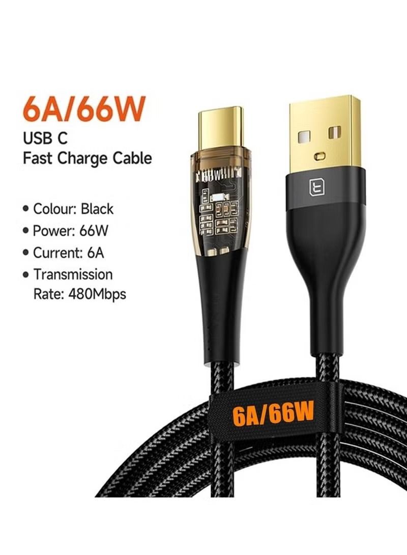 6A USB Type C Cable 66W Fast Charging Data Cord For Huawei P30 Pro Samsung S21 Xiaomi 10 11 Redmi Note 9 Pro 1Meter
