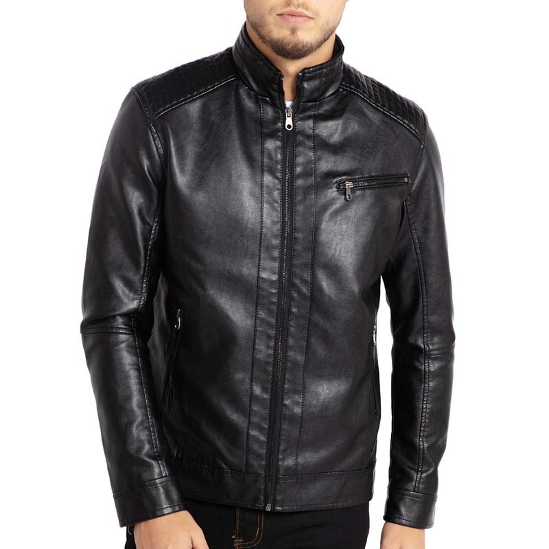 Generic WULFUL Men's Stand Collar Leather Jacket Motorcycle Lightweight Faux Leather Outwear  - Image 2