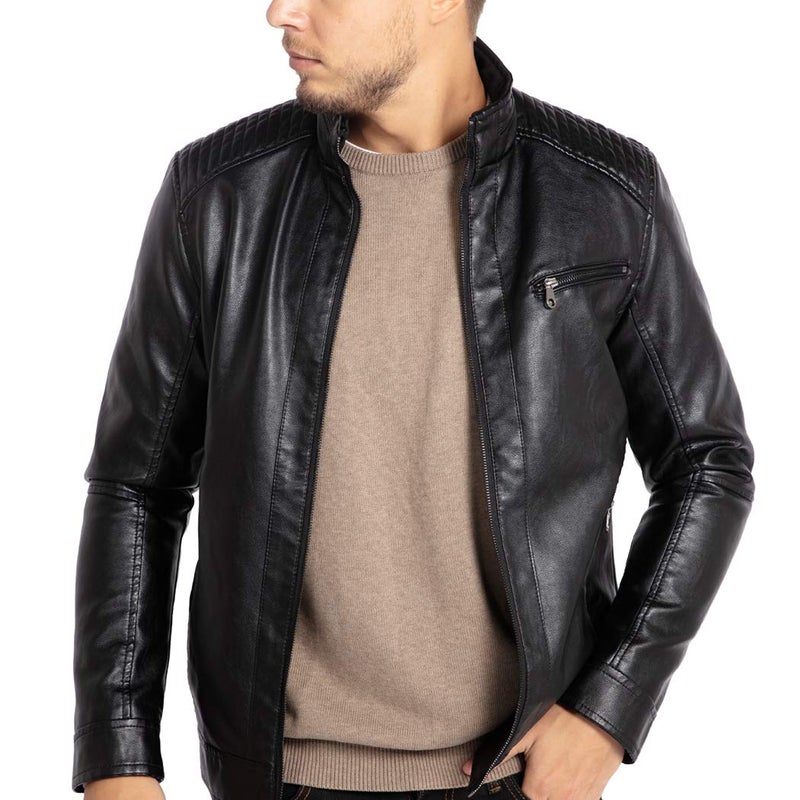 Generic WULFUL Men's Stand Collar Leather Jacket Motorcycle Lightweight Faux Leather Outwear  - Image 1